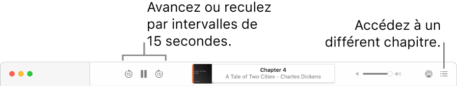 Le lecteur de livre audio dans Livres montrant, de gauche à droite, le bouton « Vitesse de lecture », les boutons Avancer et Revenir, le titre et l’auteur du livre audio en cours de lecture, le curseur Volume et le bouton « Table des matières ».