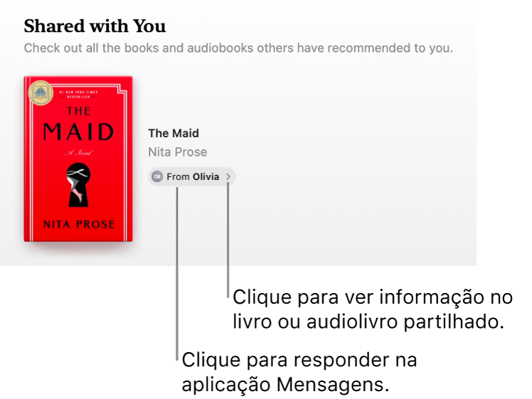 Um ecrã a mostrar um livro na secção “Partilhado consigo”.