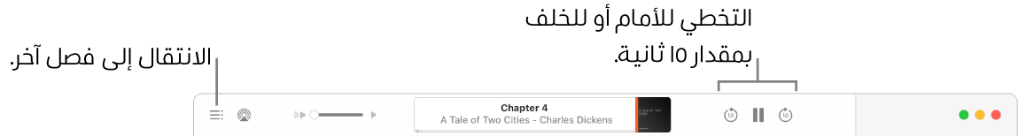 مشغل الكتب الصوتية في Apple Books يعرض، من اليمين إلى اليسار، زر سرعة إعادة التشغيل والزرين تخطي للأمام وتخطي للخلف والزر مؤقت الإسبات وعنوان الكتاب الصوتي قيد التشغيل حاليًا ومؤلفه وشريط تمرير مستوى الصوت وزر جدول المحتويات.