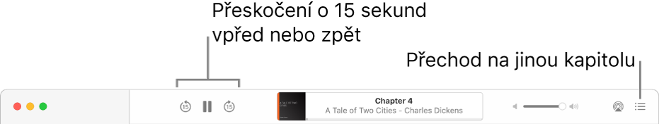 Přehrávač audioknih v&nbsp;Apple Books zobrazující, zleva doprava, tlačítko Rychlost přehrávání, tlačítka Přeskočit vpřed a&nbsp;Přeskočit zpět, tlačítko Časovač uspání, název a&nbsp;autora právě přehrávané audioknihy, jezdec Hlasitost a&nbsp;tlačítko Obsah