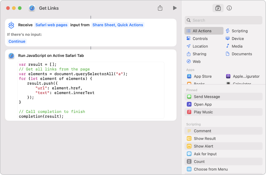 The Run JavaScript on Webpage action in the shortcut editor.