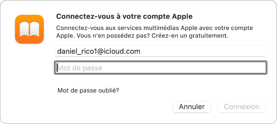 La zone de dialogue «&nbsp;Connectez-vous à votre compte Apple&nbsp;» dans l’app Livres
