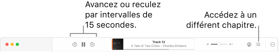Le lecteur de livre audio dans Livres montrant, de gauche à droite, le bouton «&nbsp;Vitesse de lecture&nbsp;», les boutons Avancer, Pause et Revenir, le titre et l’auteur du livre audio en cours de lecture, le curseur Volume, le bouton AirPlay, le bouton «&nbsp;Table des matières&nbsp;» et le bouton Plus.