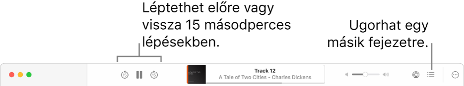 A hangoskönyvlejátszó az Apple Books-ban, amelynél balról jobbra haladva a következők láthatók: a Lejátszási sebesség gomb, a Léptetés előre, a Szünet és a Léptetés vissza gomb, az aktuálisan lejátszott hangoskönyv címe és szerzője, a Hangerő csúszka, továbbá az AirPlay, a Tartalomjegyzék és a Továbbiak gomb.
