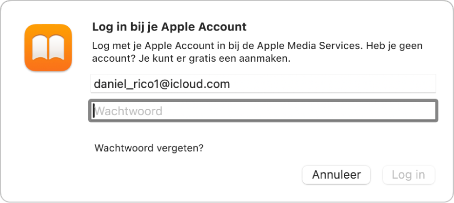 Het dialoogvenster 'Log in bij je Apple Account' in Boeken.