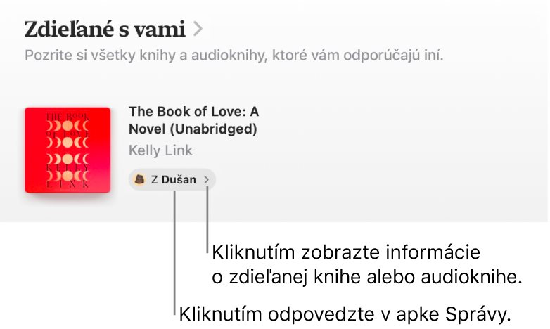 Obrazovka zobrazujúca knihu v&nbsp;časti Zdieľané s&nbsp;vami.