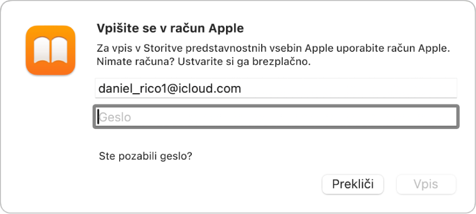 Pogovorno okno »Vpis v račun Apple« v Knjigah.